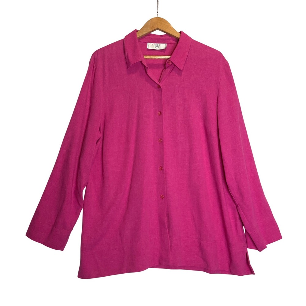 BIB Australia Linen‎ Blouse Tunic Button Up Long Sleeve Pink Jewel Lagenlook 16